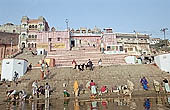 Varanasi , Kedara Ghat with the red and white-striped temple of Kedaresvara lingam